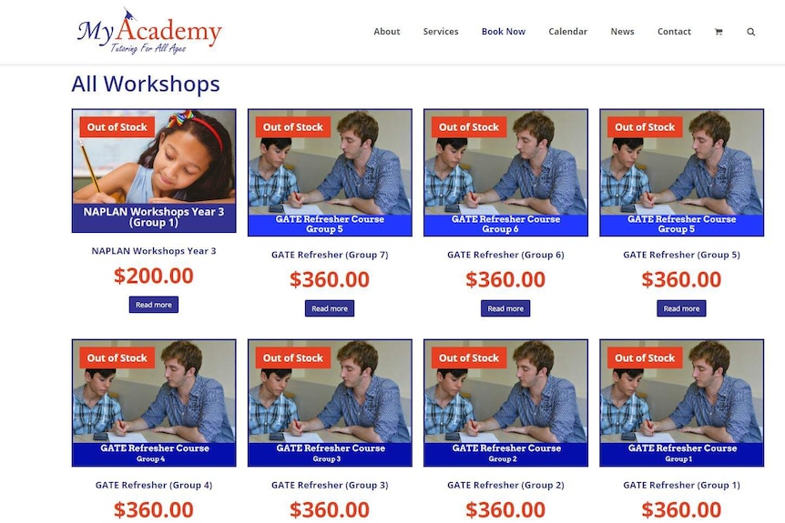 A screenshot of a website showing a range of courses that are out of stock.