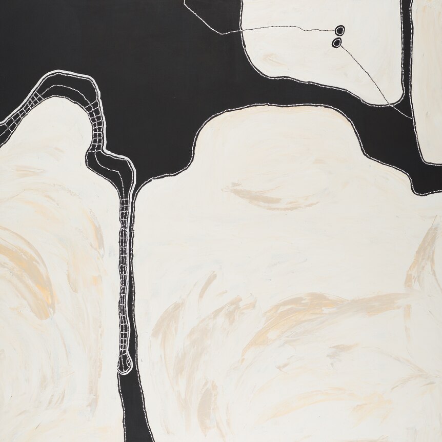 Synthetic polymer paint on linen. The painting is abstract and monochromatic to depict Lake Baker, a scared place.