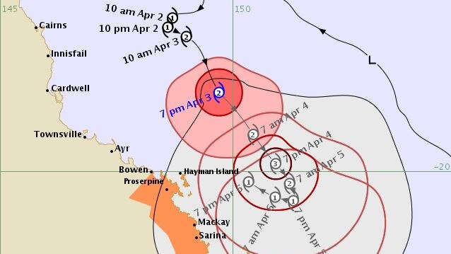 Map showing the projected path of Tropical Cyclone Iris along the Queensland coast