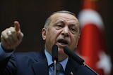 Turkey's President Recep Tayyip Erdogan gestures as he delivers a speech.