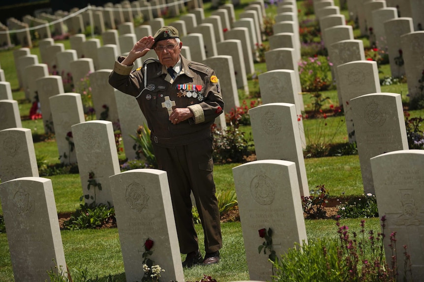 A WWII veteran salutes as he is photographed at the Bayeaux War Cemetary in Bayeaux, Normandy.