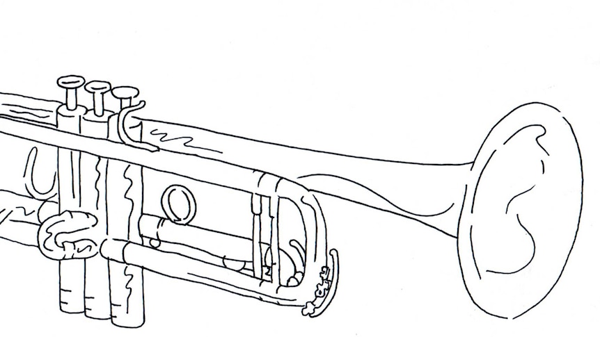 A line drawing of a trumpet.