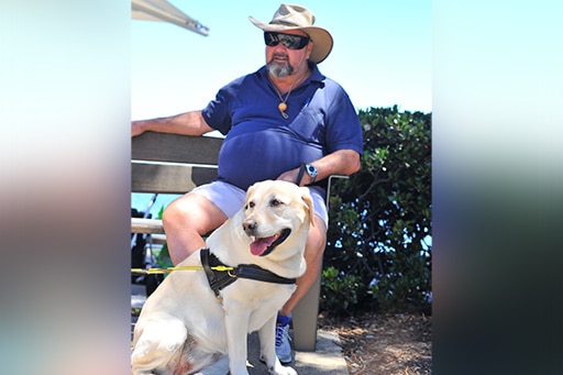 A man sitting on a park bench with a guide dog