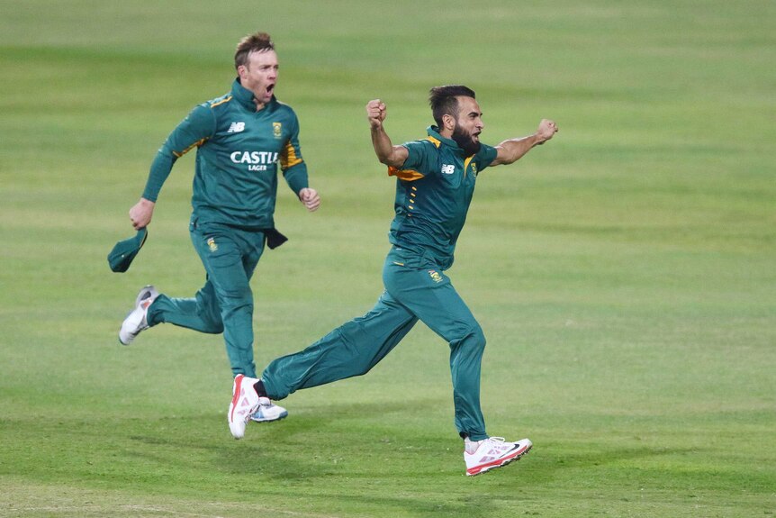 AB de Villiers and Imran Tahir celebrate during the third ODI against New Zealand
