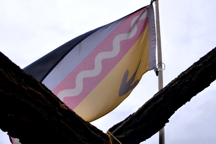  a blue, red and yellow flag flying in the breeze