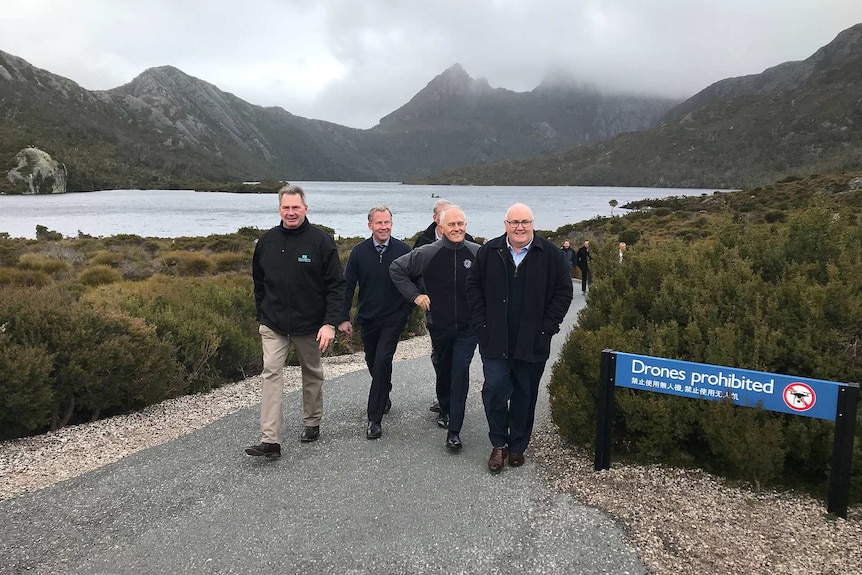 PM Malcolm Turnbull with Premier Will Hodgman and others at Cradle Mountain.