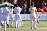 Mitchell Marsh walks off as South Africans celebrate behind him.