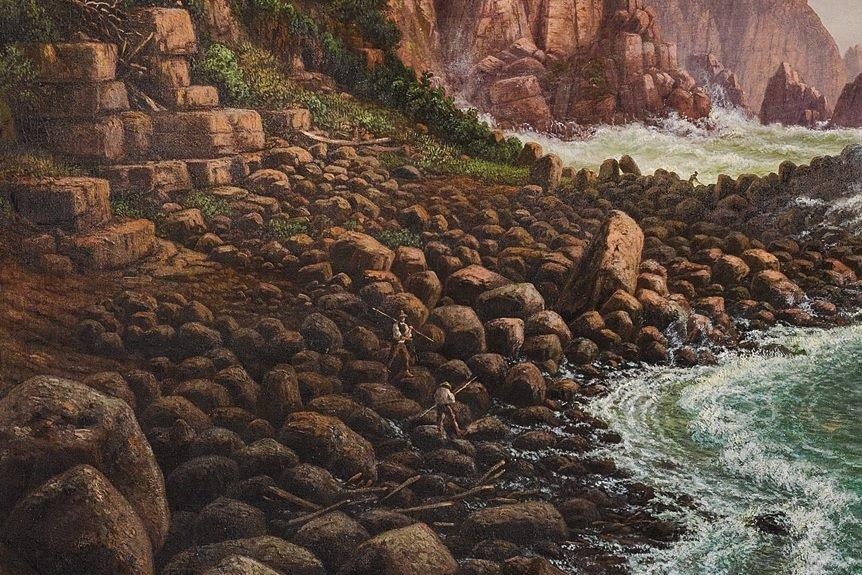 A close up of Eugene von Guérard's painting, View of the Granite Rocks at Cape Woolamai 1872.