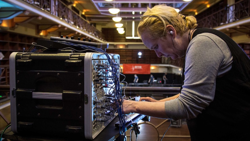 Meg Travers plays her Trautonium in the WA Museum's Hackett Hall, June 2, 2016.