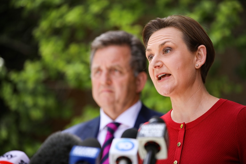 A woman in a red dress speaks to the media watched by a man in a suit