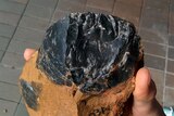Hand holding a large, black rock