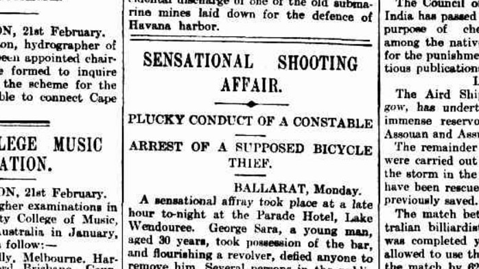 A newspaper article about the 'Sensational Shooting Affair' in The Age, February 22, 1898.