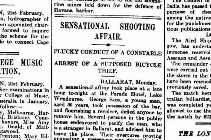 A newspaper article about the 'Sensational Shooting Affair' in The Age, February 22, 1898.