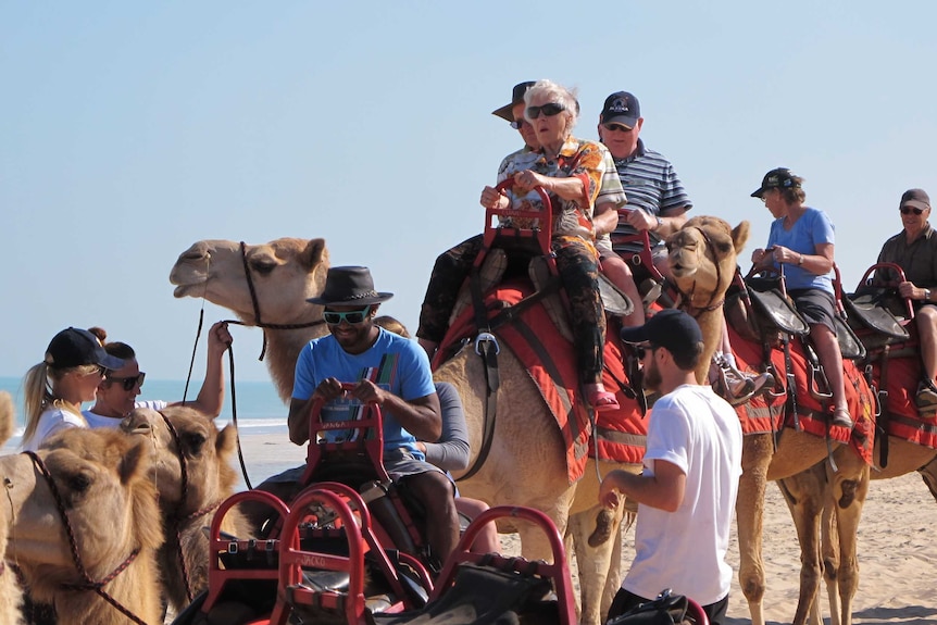 People riding camels along a beach.