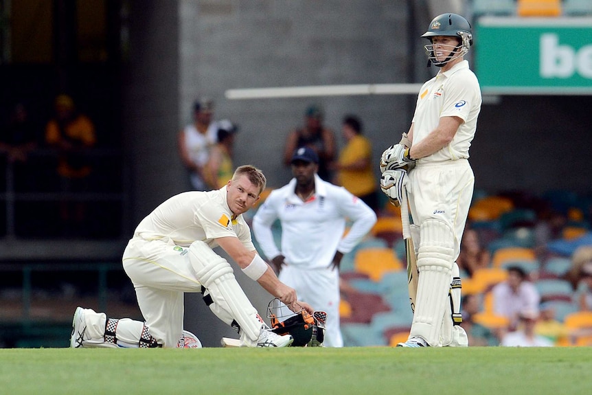 David Warner and Chris Rogers during the first Ashes Test at the Gabba