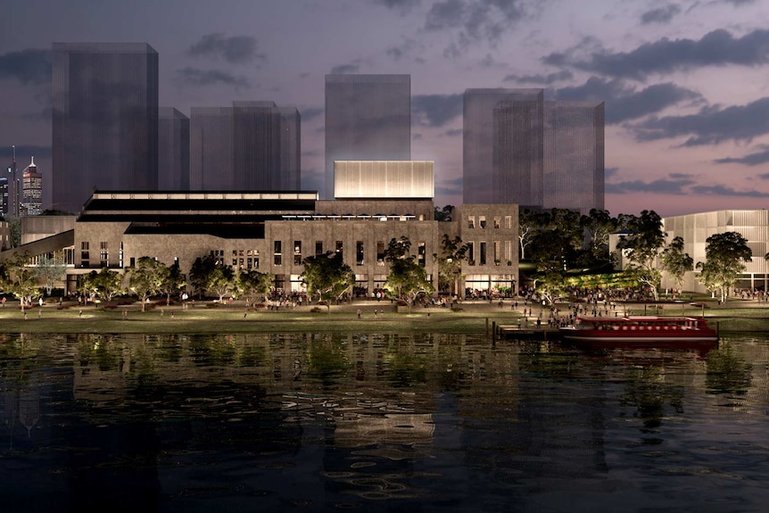 An artist's impression of the proposed East Perth Power Station redevelopment at dusk with the Swan River in the foreground.