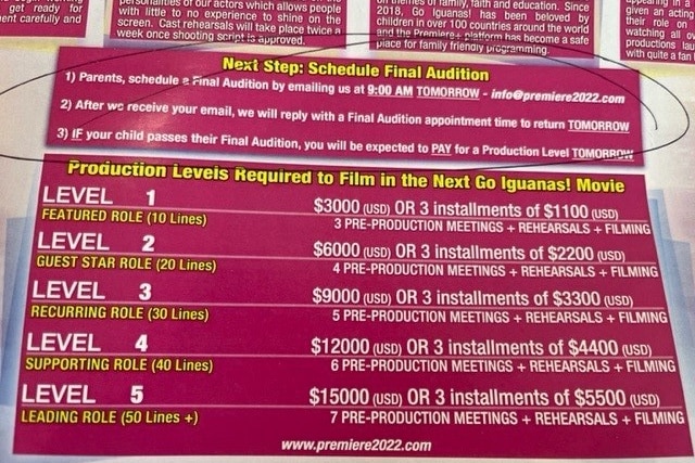 Pink flyer from Premiere company outlining costs of different levels of acting roles 