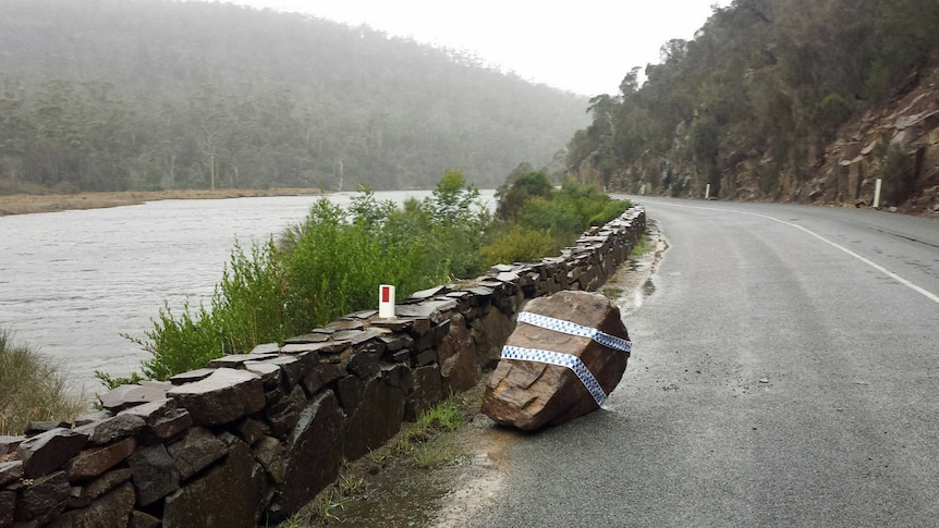 A boulder on the side of the Tasman Highway