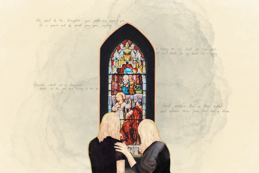 An illustration of two women, one with her hand on the other's shoulder, in front of a stained glass window.