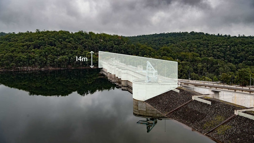 A picture of a dam with an image of it raised.