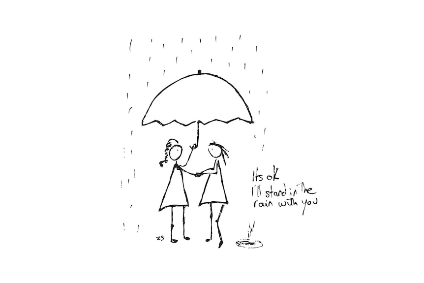 Two stick figures holding an umbrella in the rain with the words, 'It's ok, I'll stand in the rain with you'