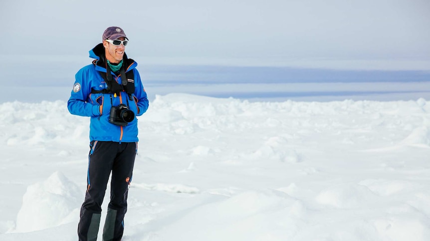 Dr Andrew Peacock on the ice in Antarctica.