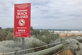 A red sign erected on Pyramids Beach warning the beach has been closed due to a shark attack.