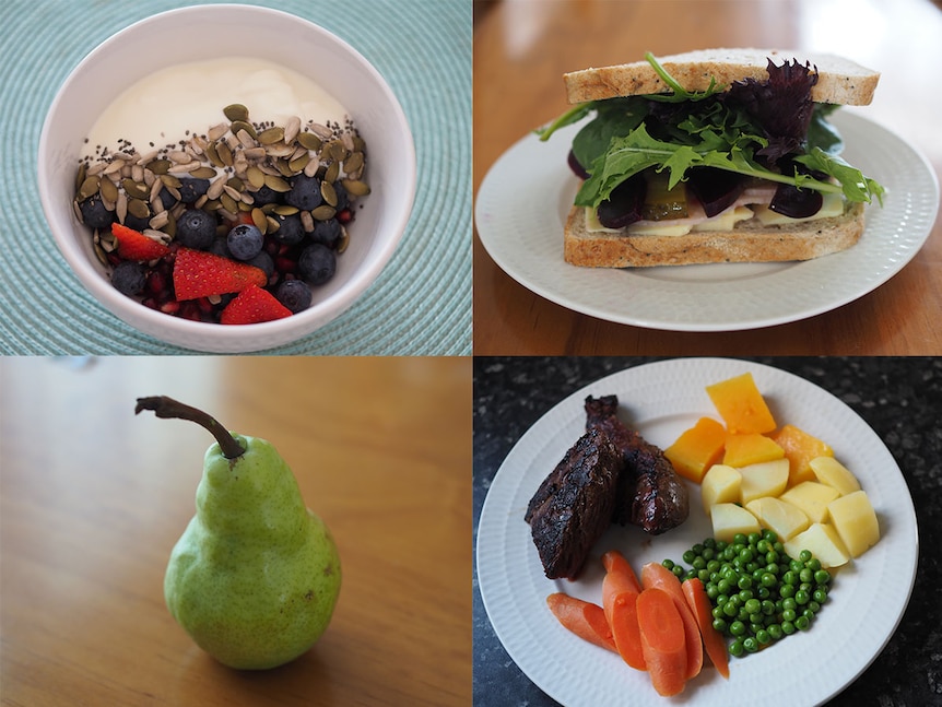 Berries and yoghurt, ham and salad sandwich, a pear and kangaroo steak and vegetables.