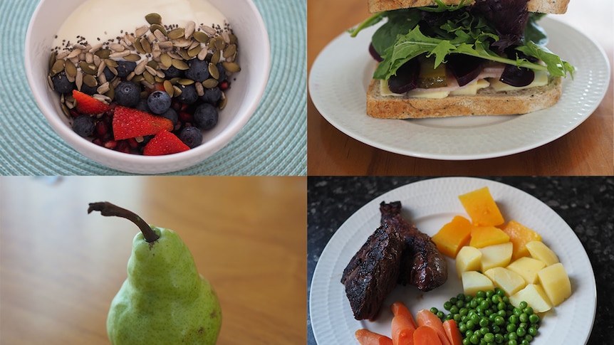 Berries and yoghurt, ham and salad sandwich, a pear and kangaroo steak and vegetables.