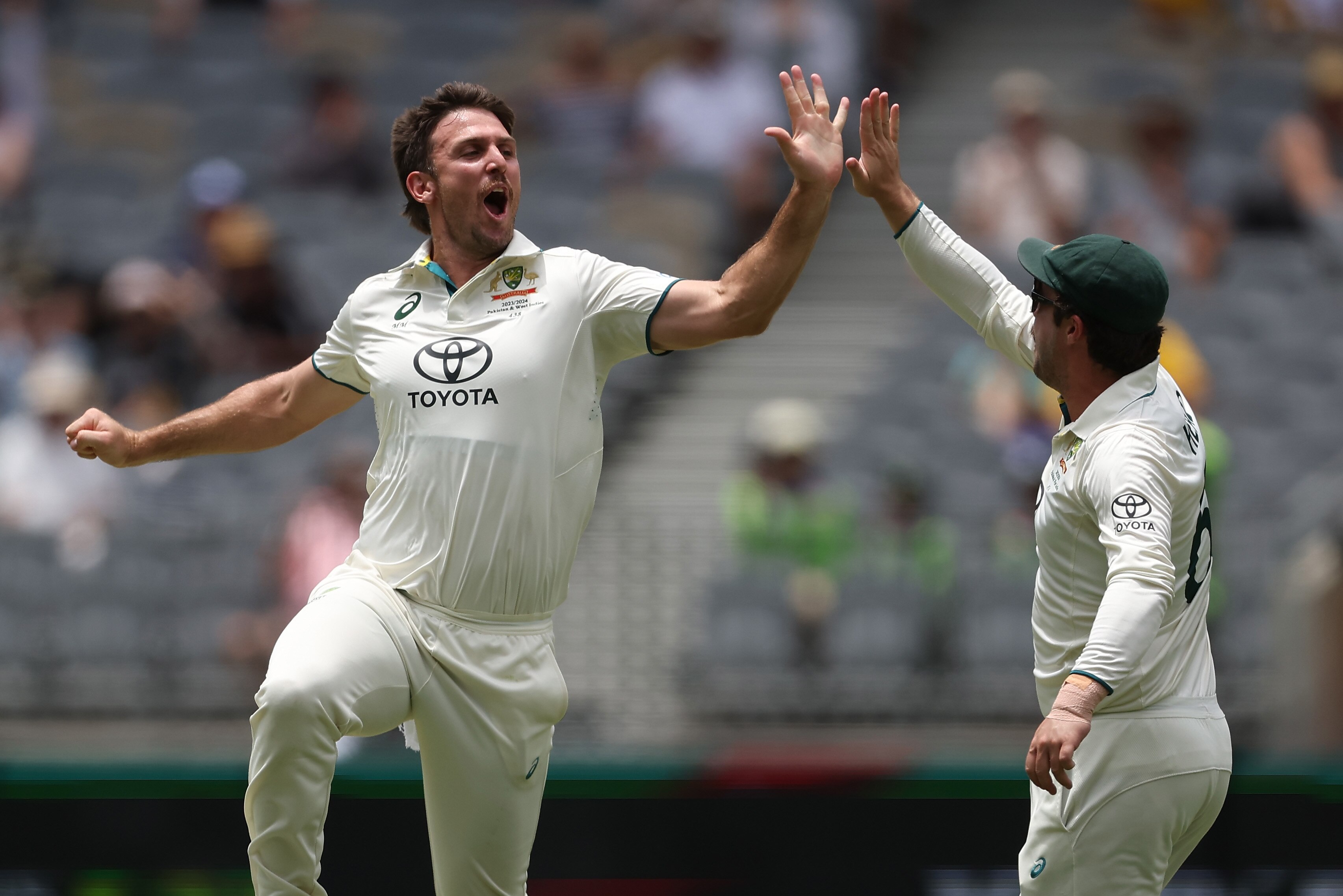 Mitch Marsh jumps and high-fives Travis Head