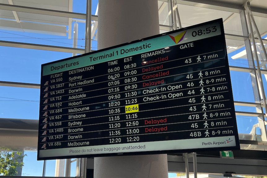 A flight board shwoing cancelled flights.