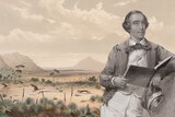 Old painting of a man standing with a arid background 