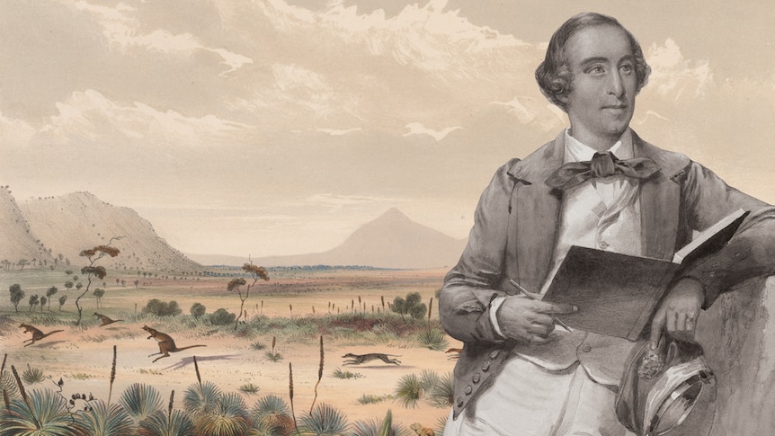 Old painting of a man standing with a arid background 