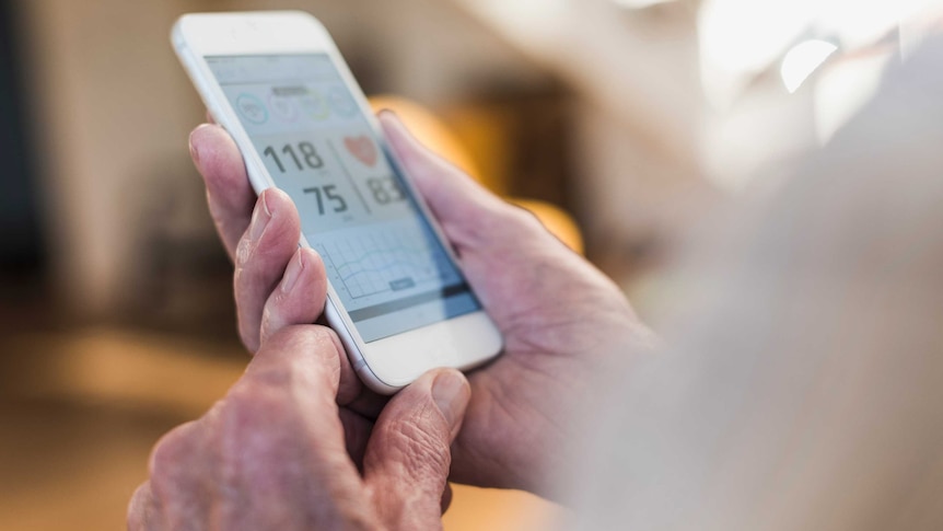 Hands holding a smartphone showing health information.