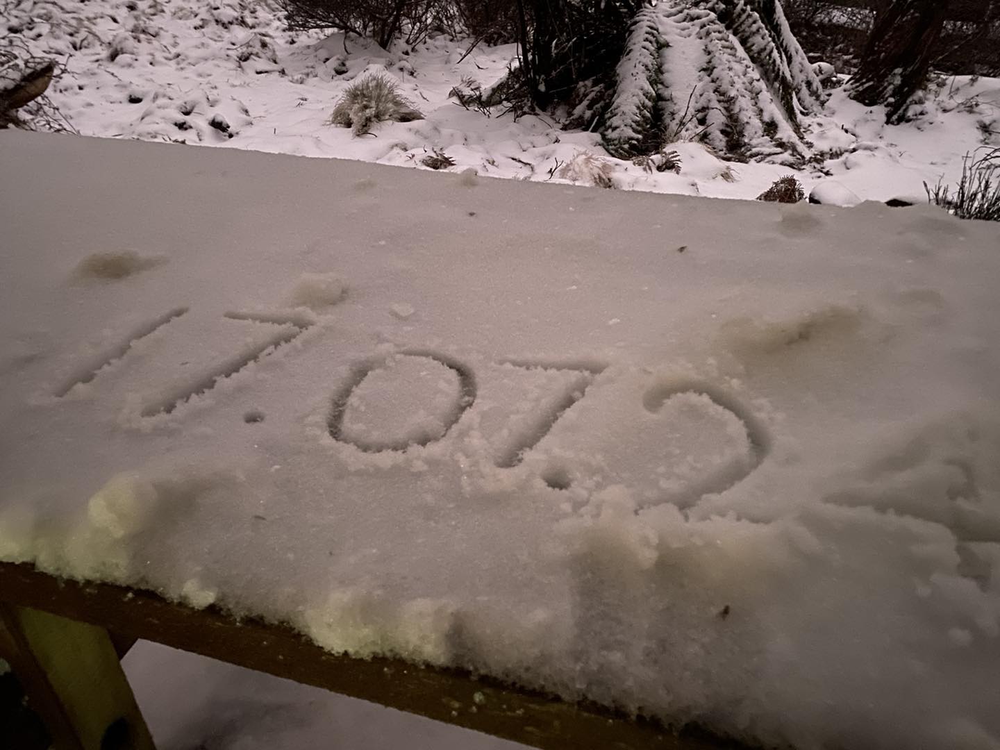 A close up photo with the date 17.07.24 drawn into the snowfall on a piece of wood