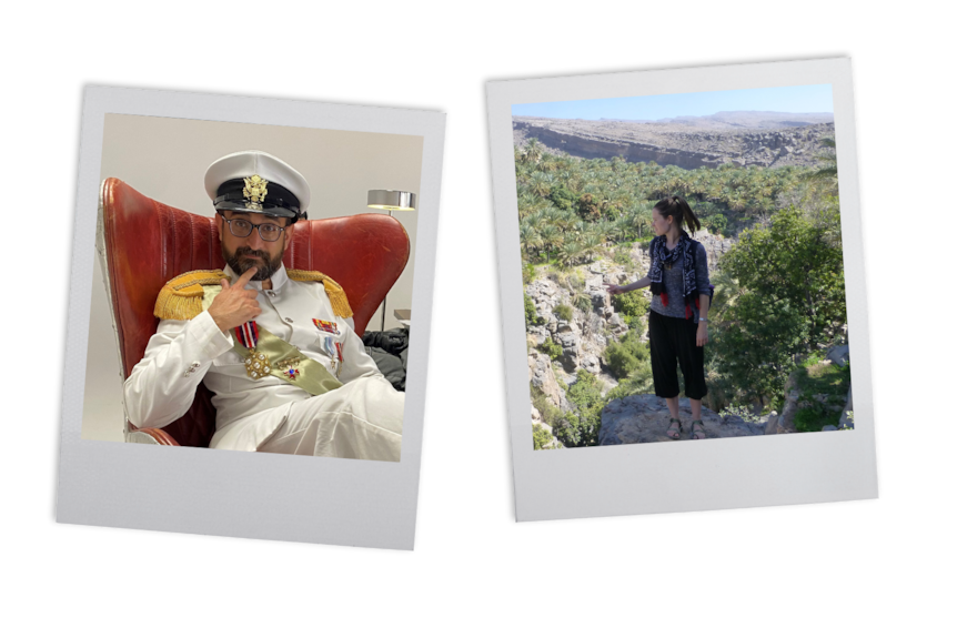 A collage of photos of a man in a white military uniform, and a woman standing in front of mountainous bushland.
