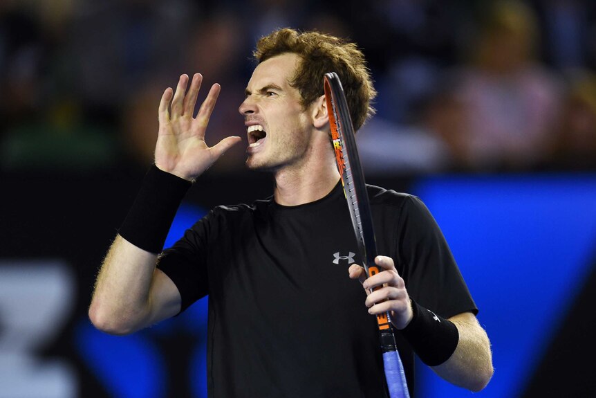Murray reacts to a point against Berdych