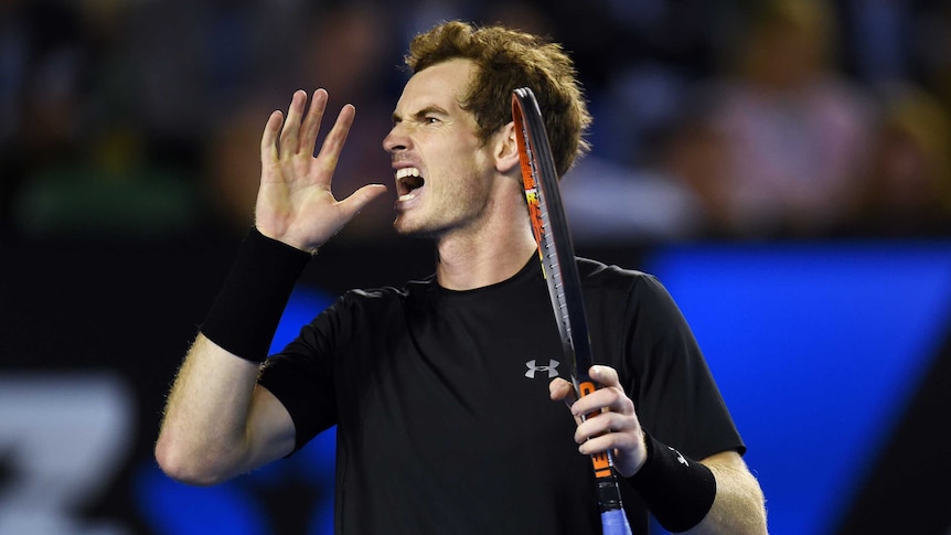 First through ... Andy Murray reacts to a point against Tomas Berdych