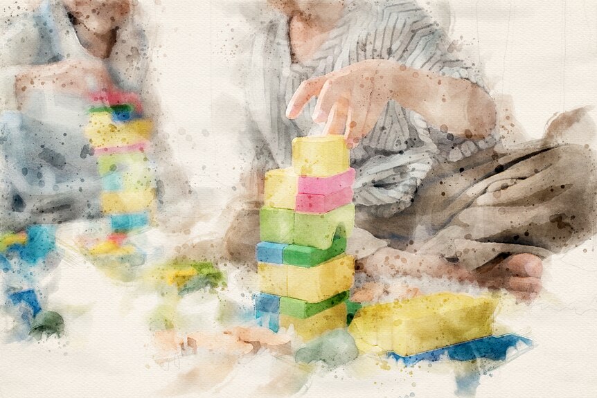 A watercolour graphic of two children stacking colourful blocks.