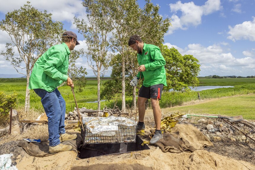 two men in green shirts lift a metal crate out of a hole in the ground