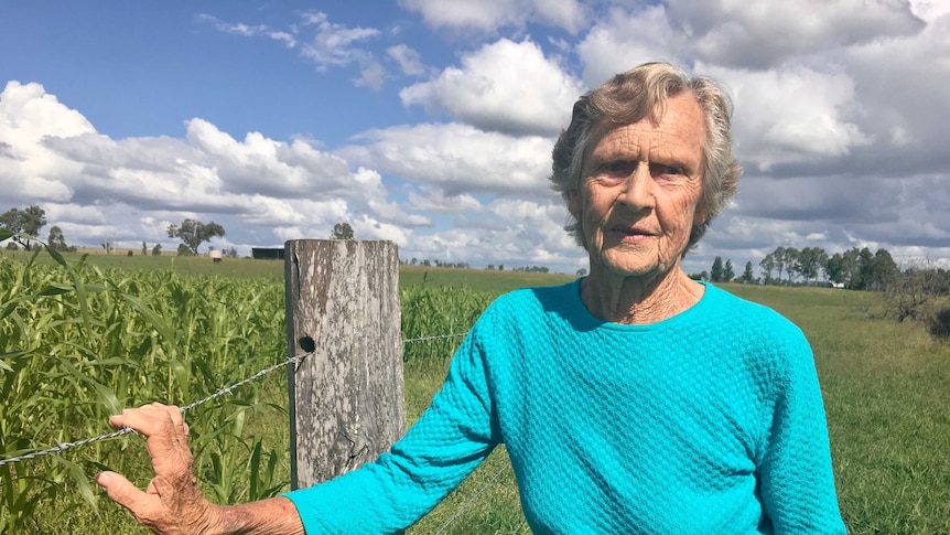 Mid-shot of ederly woman standing next to field of crops with right hand on wire farm fence.