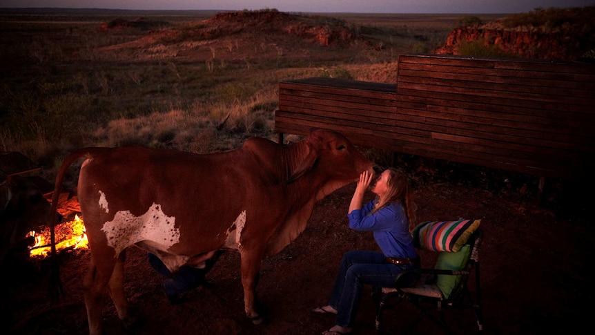 Stephanie Coombes lovingly kisses pet cow Anzac at the Yougawalla homestead