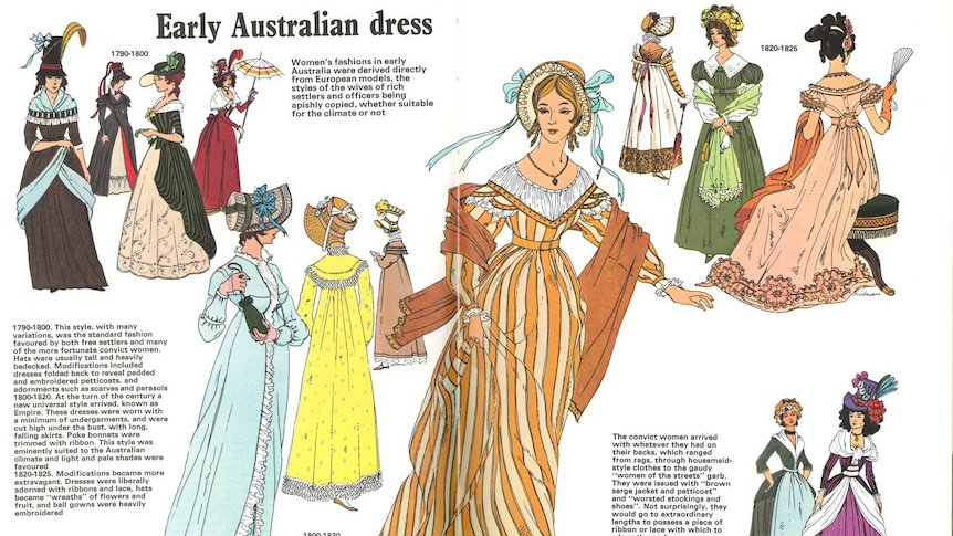 Drawings of women's clothing from the period include fancy bonnets, shawls and tight, high-wasted dresses with full skirts
