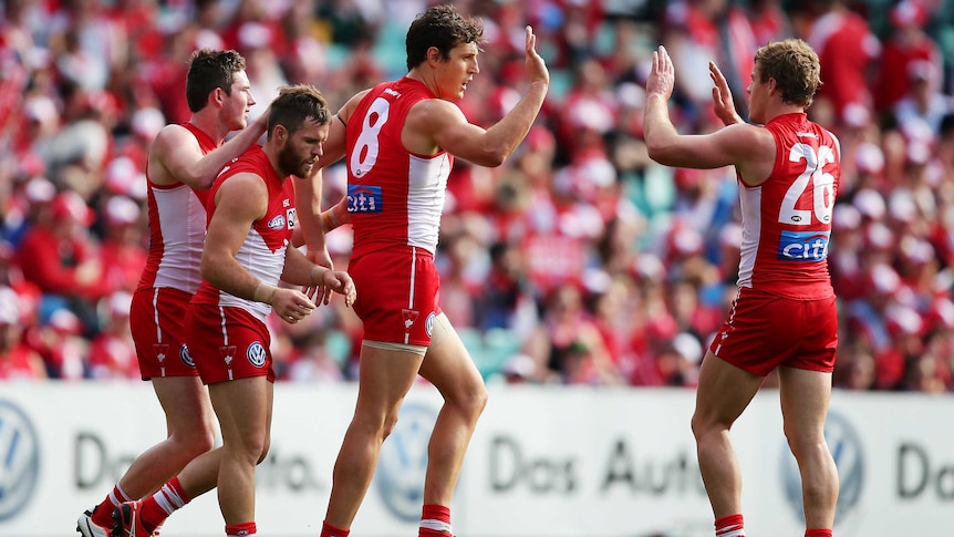 Sydney players celebrate Kurt Tippett's goal against GWS at the SCG.