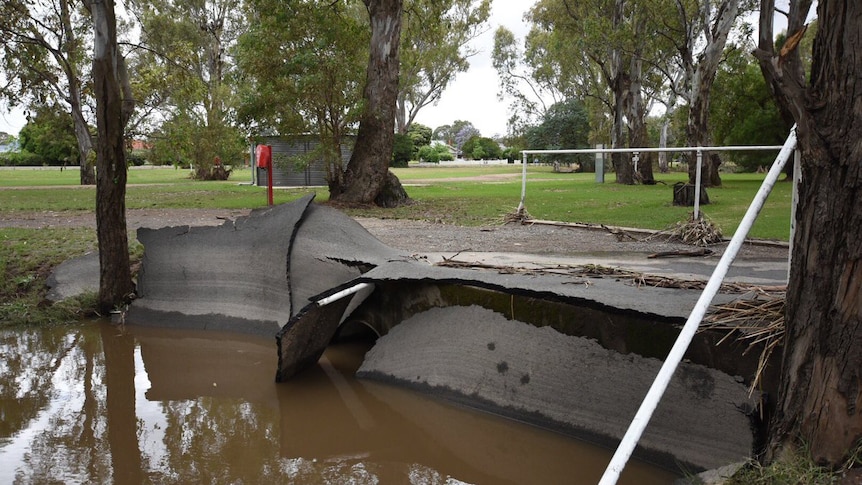 Damaged caused by flood waters at the Euroa caravan park.