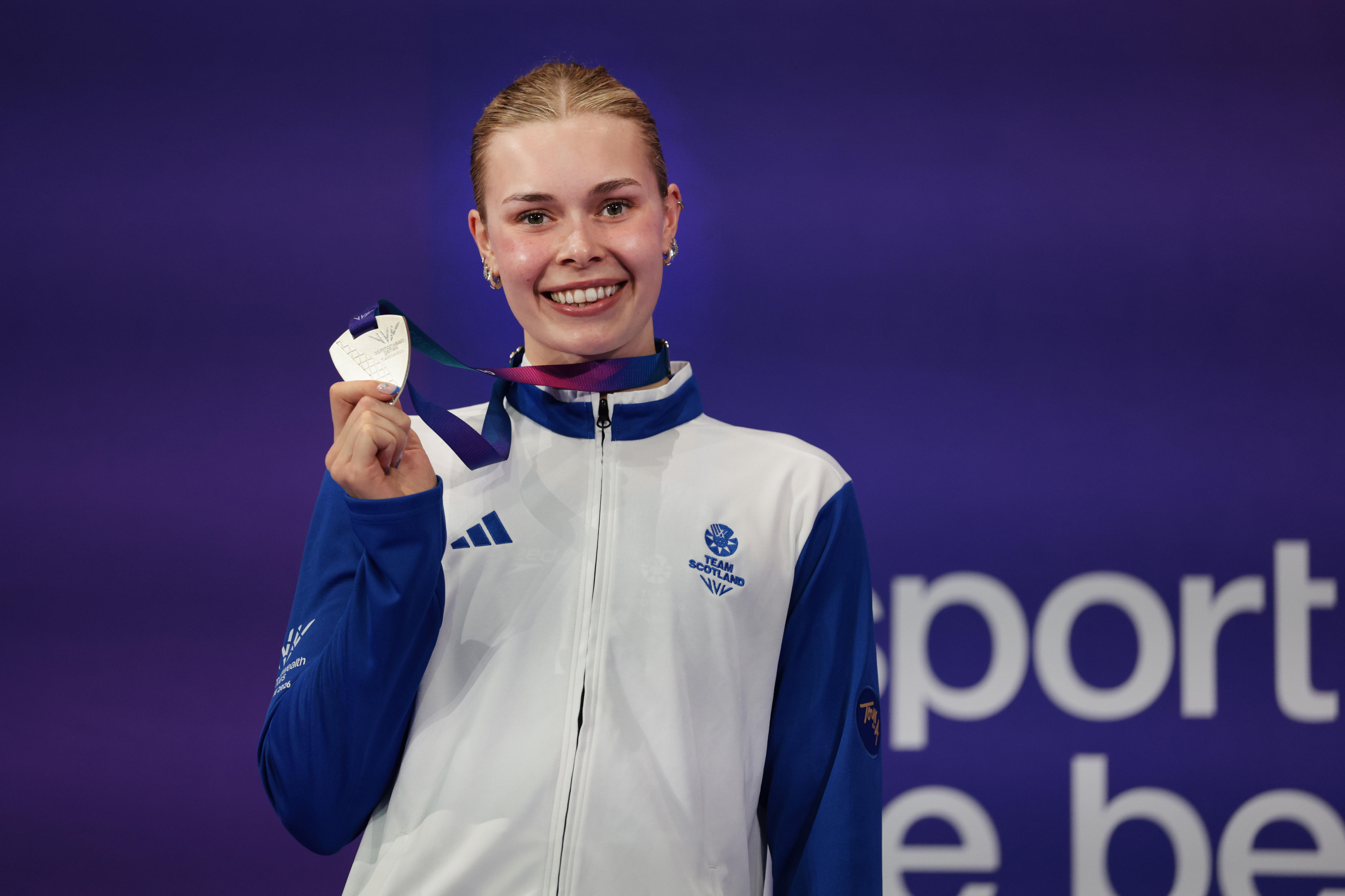 Katie Shanahan of Scotland on the podium after winning Commonwealth Games silver.