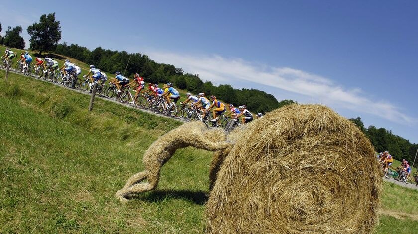 The pack of riders cycle past a hay sculpture during the eleventh stage of the 95th Tour de France (Reuters: Bogdan Cristel)
