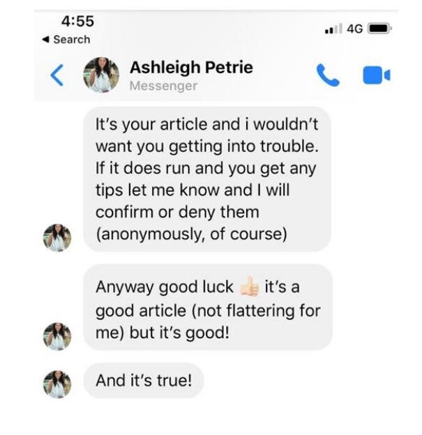 A screenshot of Facebook messages from Ashleigh Petrie to a Herald Sun reporter.