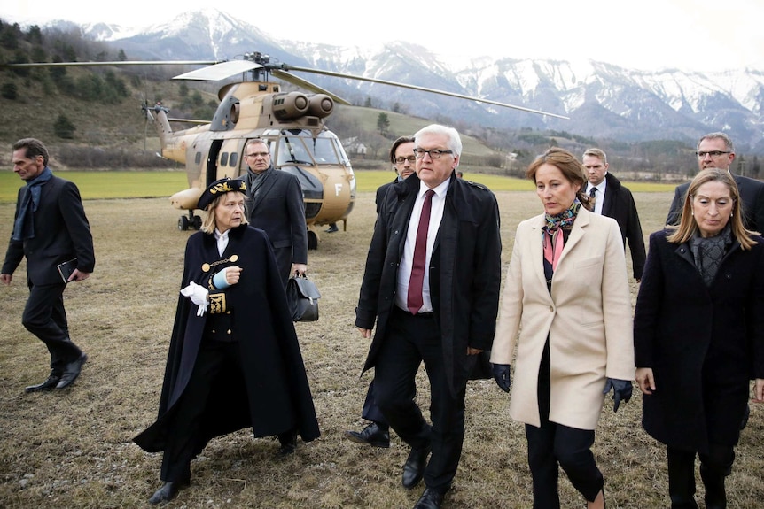 German Foreign Minister Frank-Walter Steinmeier arrives near crash site of Germanwings Airbus A320