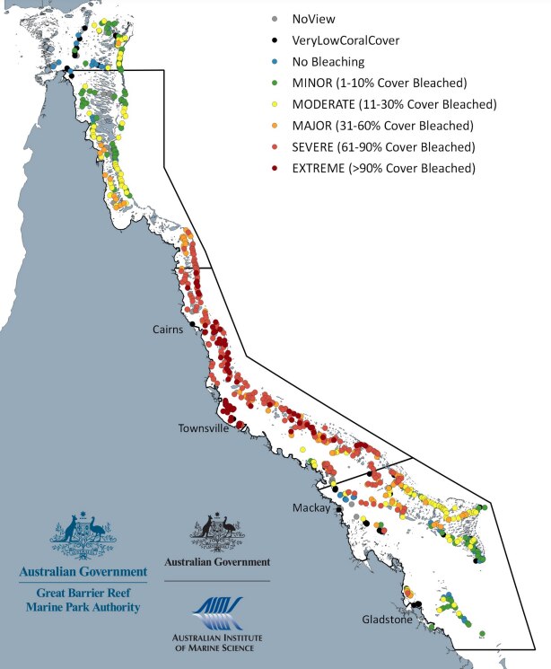 A map showing coral bleaching.